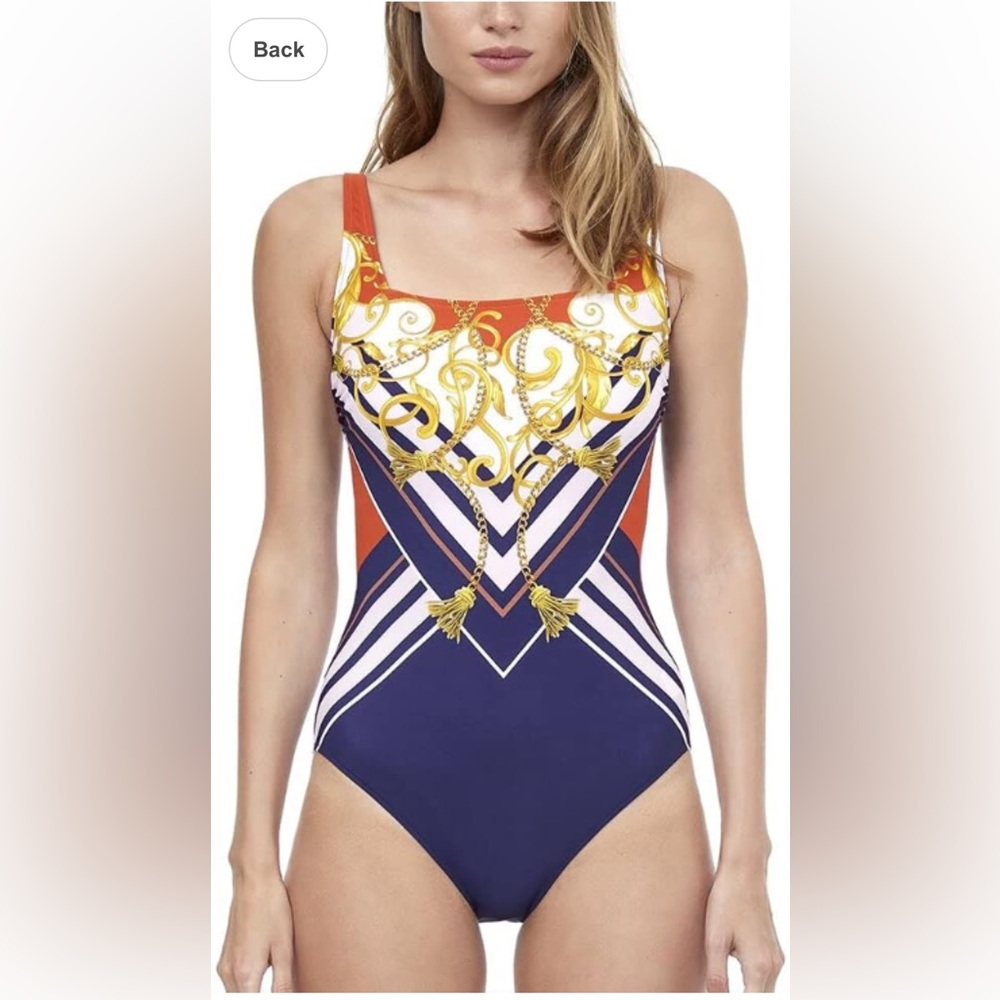 Gottex Women's Blue Stretch Bandeau Baroque Print One-Piece Swimsuit Size 14